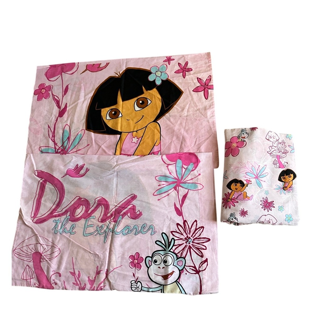 Y2K 2008 Dora the Explorer Full Flat Sheet Standard Pillowcase Set Floral Girly
